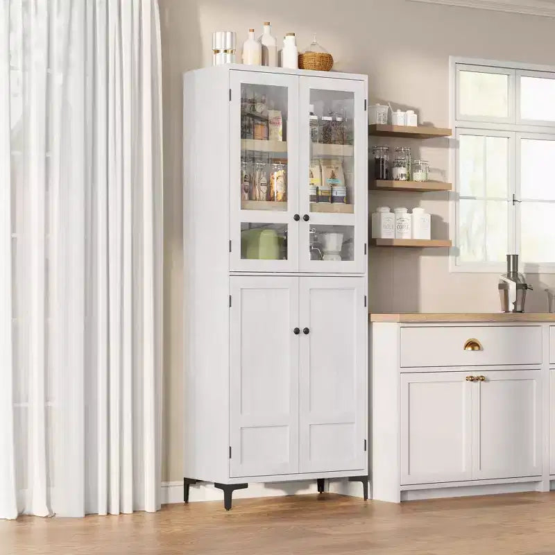 71 Inch Tall Storage Cabinet with Glass Doors, Kitchen Pantry 5 Tier Bathroom Cabinet Adjustable Shelves for Kitchen, Dining Room, Bathroom