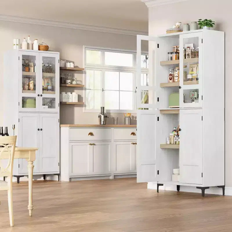 71 Inch Tall Storage Cabinet with Glass Doors, Kitchen Pantry 5 Tier Bathroom Cabinet Adjustable Shelves for Kitchen, Dining Room, Bathroom