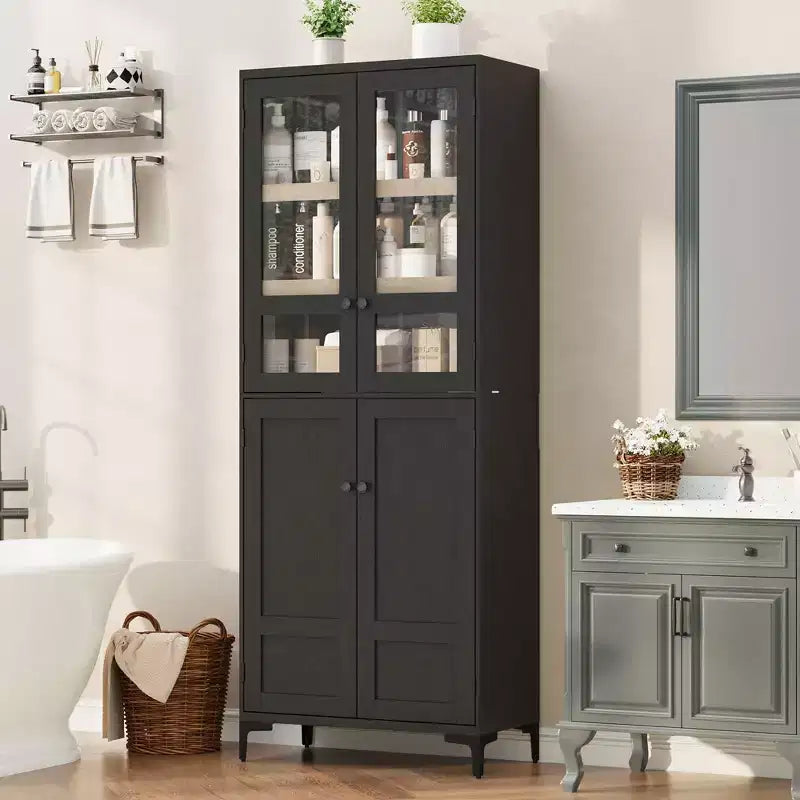 71 Inch Tall Storage Cabinet with Glass Doors, Kitchen Pantry 5 Tier Bathroom Cabinet Adjustable Shelves for Kitchen, Dining Room, Bathroom
