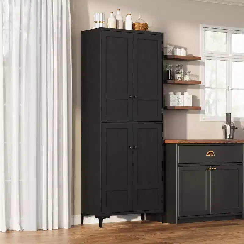 71 Inch Tall Storage Cabinet with Glass Doors, Kitchen Pantry 5 Tier Bathroom Cabinet Adjustable Shelves for Kitchen, Dining Room, Bathroom
