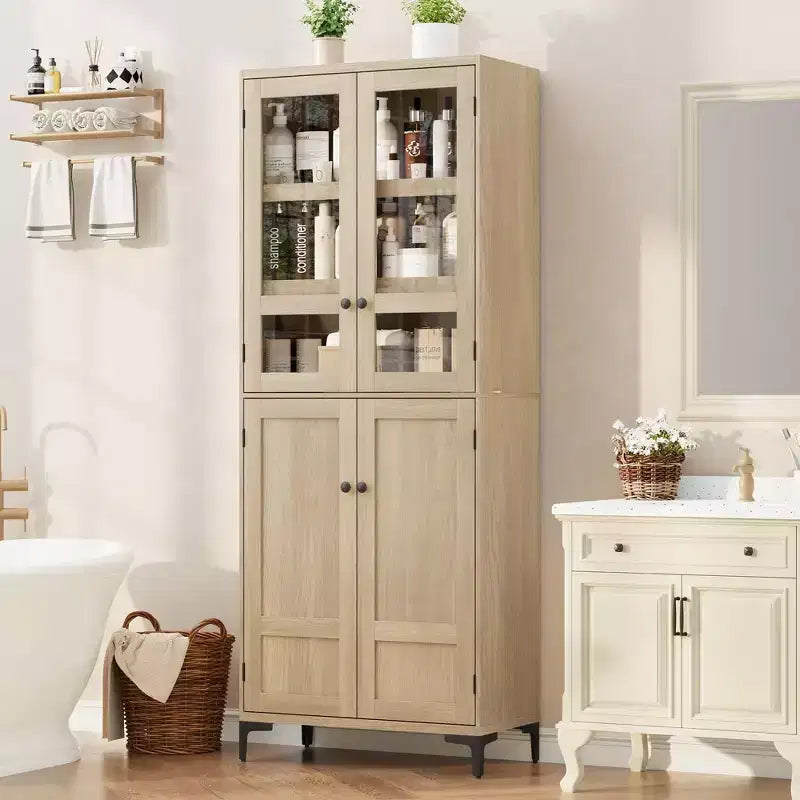 71 Inch Tall Storage Cabinet with Glass Doors, Kitchen Pantry 5 Tier Bathroom Cabinet Adjustable Shelves for Kitchen, Dining Room, Bathroom