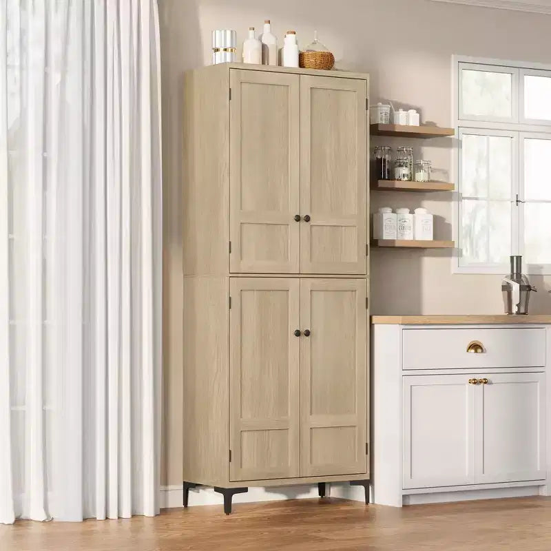 71 Inch Tall Storage Cabinet with Glass Doors, Kitchen Pantry 5 Tier Bathroom Cabinet Adjustable Shelves for Kitchen, Dining Room, Bathroom