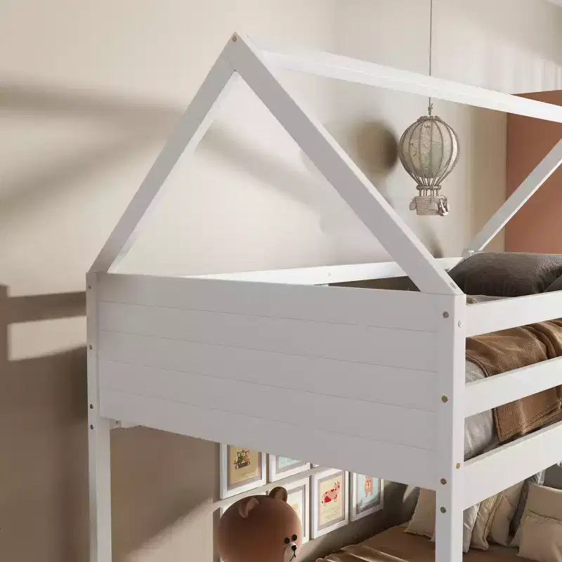 Twin House Floor Bunk Bed with Headboards, Footboards and Guardrails Gray