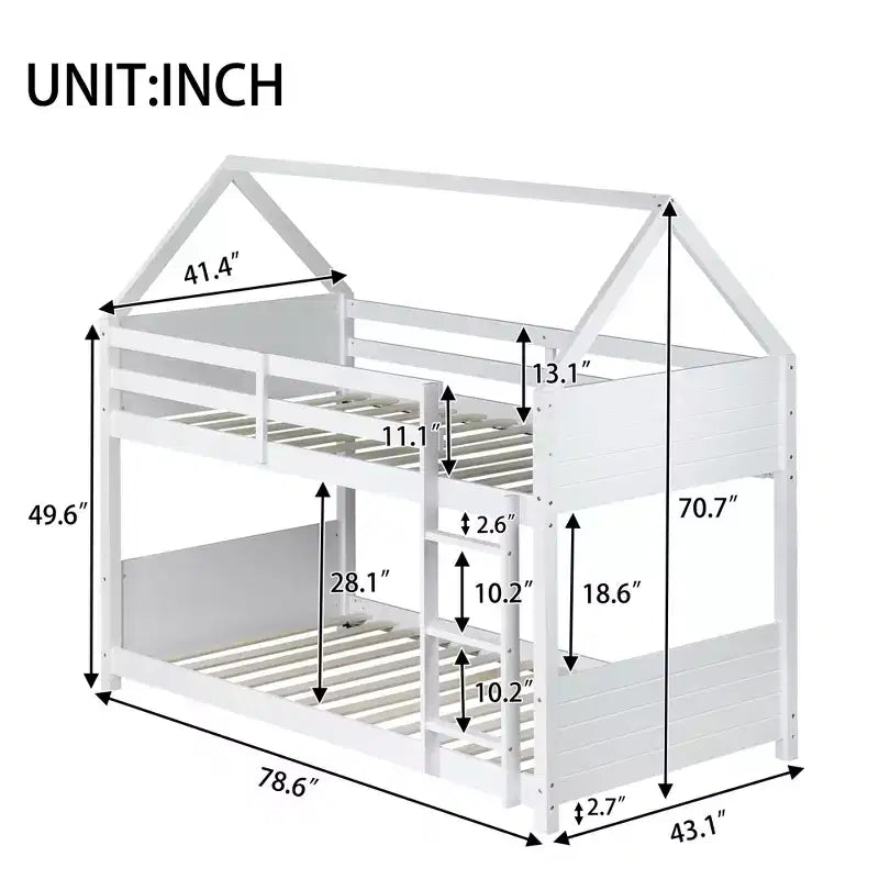 Twin House Floor Bunk Bed with Headboards, Footboards and Guardrails Gray
