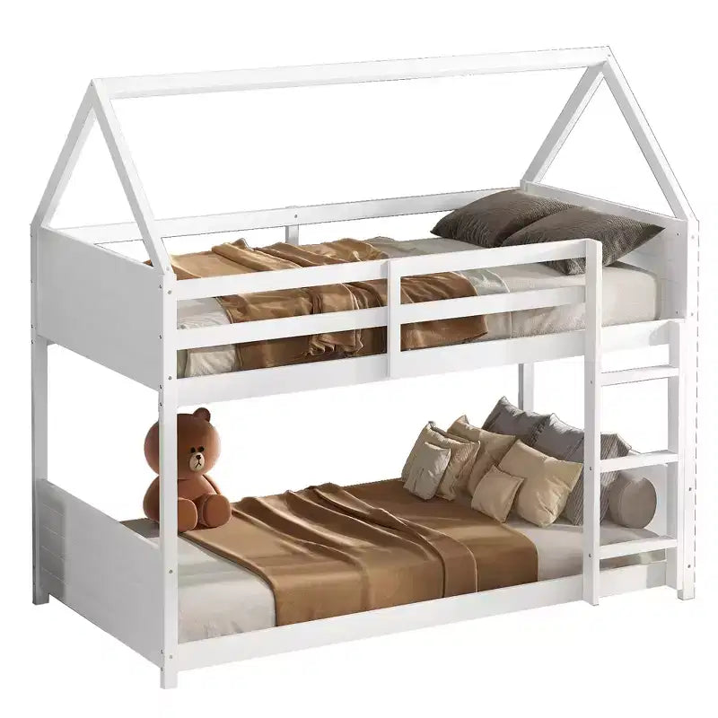 Twin House Floor Bunk Bed with Headboards, Footboards and Guardrails Gray