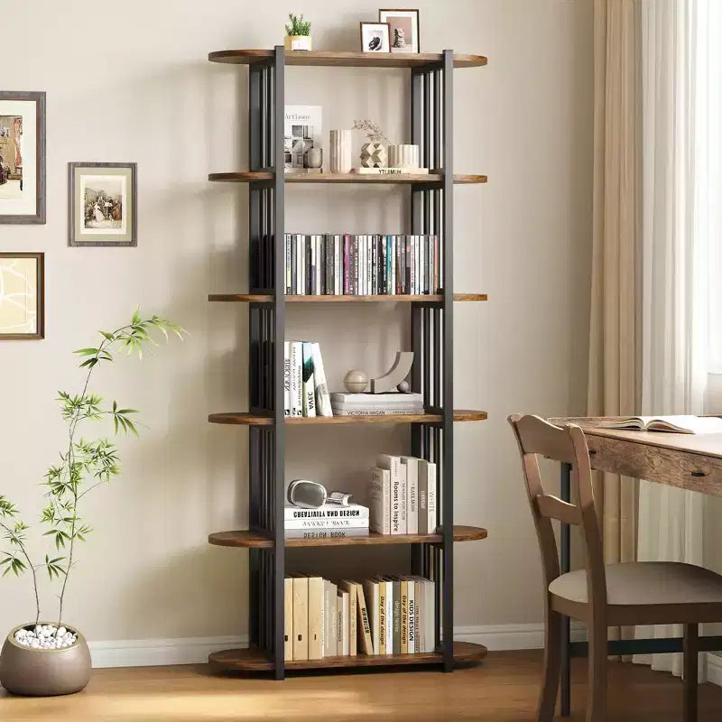 6 Tier Industrial Bookshelf, 71 Inch Tall Narrow Wooden Bookcase with Iron Frames, Compact Open Display Shelving Unit, Apartments