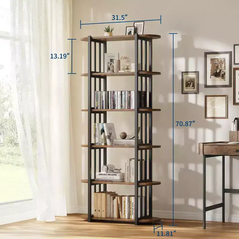 6 Tier Industrial Bookshelf, 71 Inch Tall Narrow Wooden Bookcase with Iron Frames, Compact Open Display Shelving Unit, Apartments