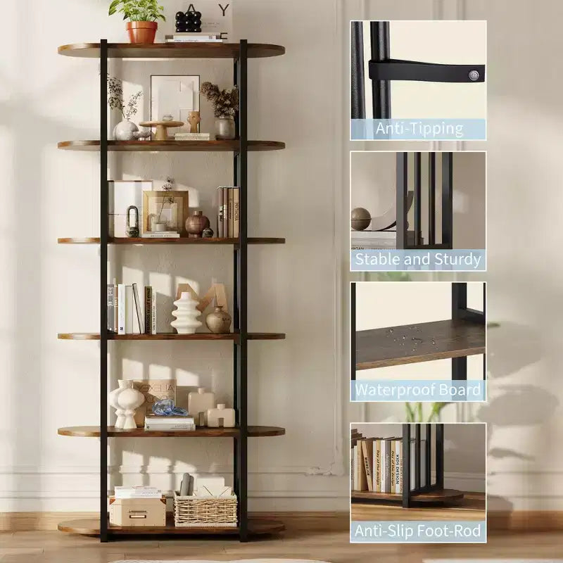 6 Tier Industrial Bookshelf, 71 Inch Tall Narrow Wooden Bookcase with Iron Frames, Compact Open Display Shelving Unit, Apartments