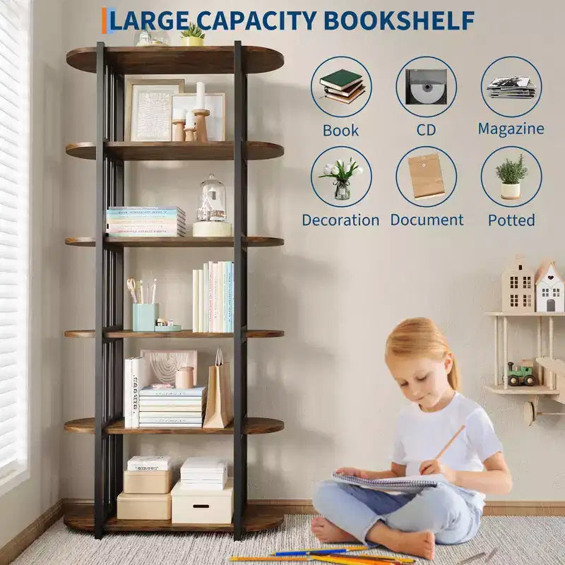 6 Tier Industrial Bookshelf, 71 Inch Tall Narrow Wooden Bookcase with Iron Frames, Compact Open Display Shelving Unit, Apartments