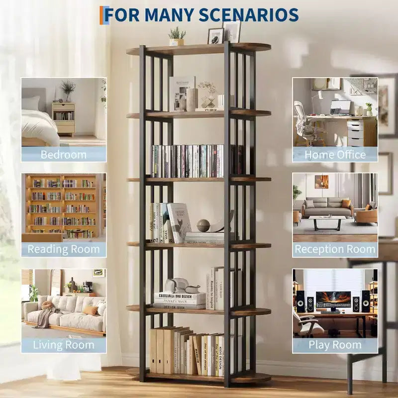 6 Tier Industrial Bookshelf, 71 Inch Tall Narrow Wooden Bookcase with Iron Frames, Compact Open Display Shelving Unit, Apartments