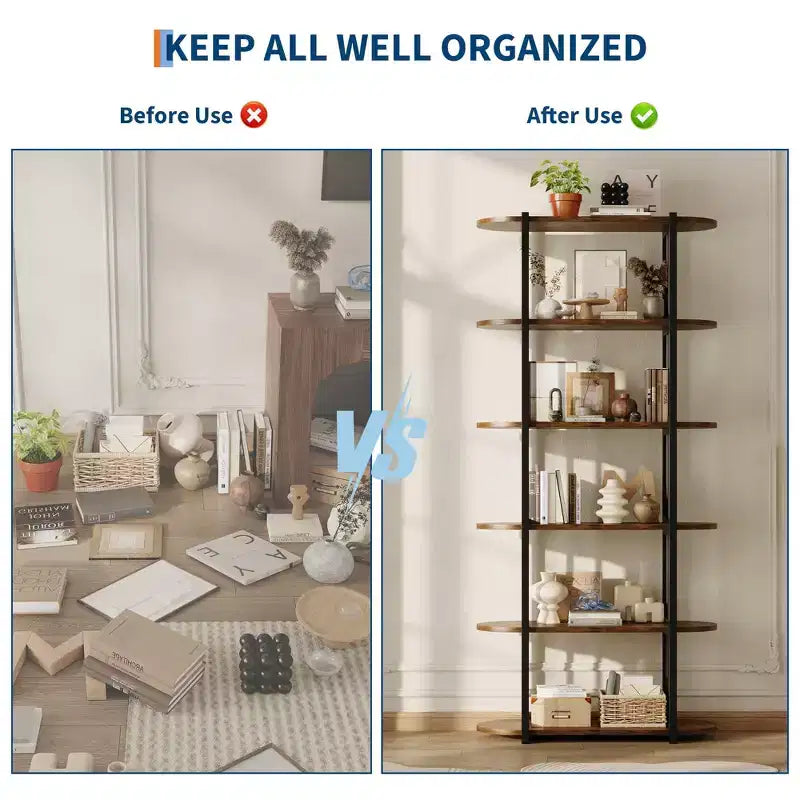 6 Tier Industrial Bookshelf, 71 Inch Tall Narrow Wooden Bookcase with Iron Frames, Compact Open Display Shelving Unit, Apartments