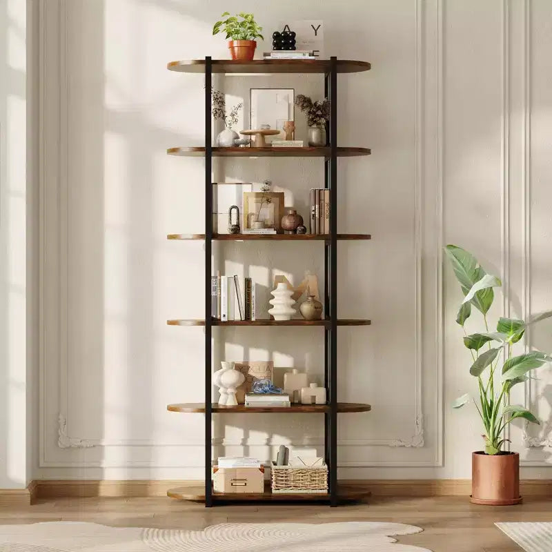 6 Tier Industrial Bookshelf, 71 Inch Tall Narrow Wooden Bookcase with Iron Frames, Compact Open Display Shelving Unit, Apartments
