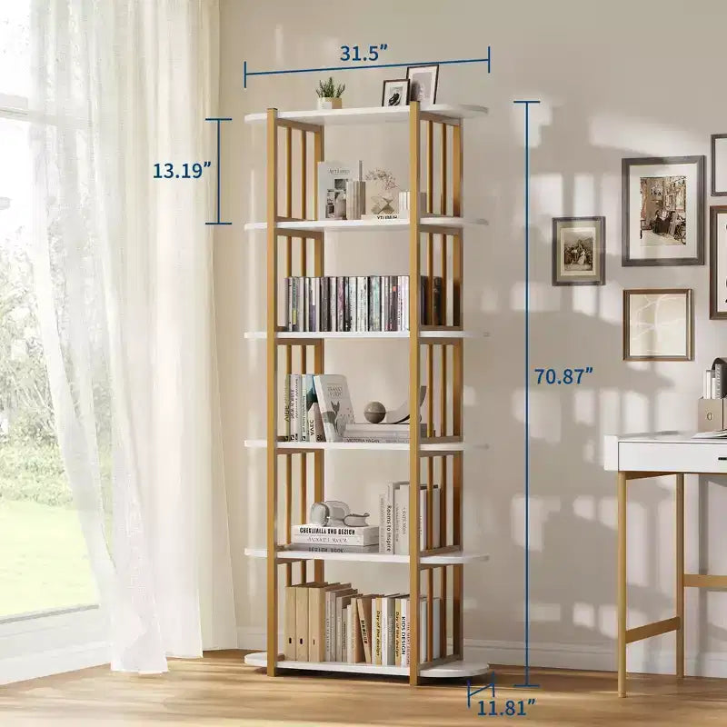 6 Tier Industrial Bookshelf, 71 Inch Tall Narrow Wooden Bookcase with Iron Frames, Compact Open Display Shelving Unit, Apartments