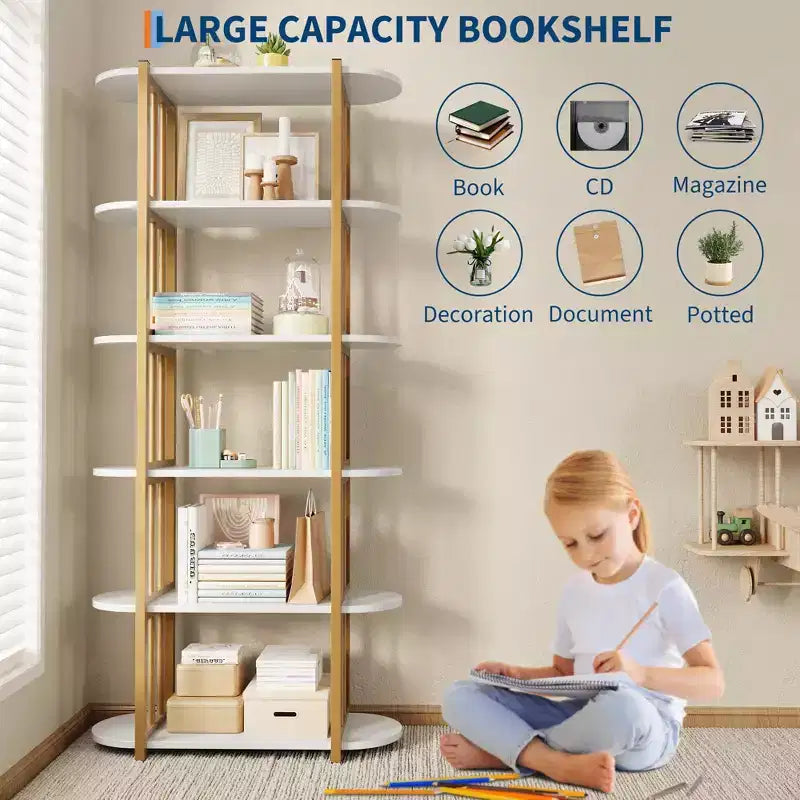6 Tier Industrial Bookshelf, 71 Inch Tall Narrow Wooden Bookcase with Iron Frames, Compact Open Display Shelving Unit, Apartments