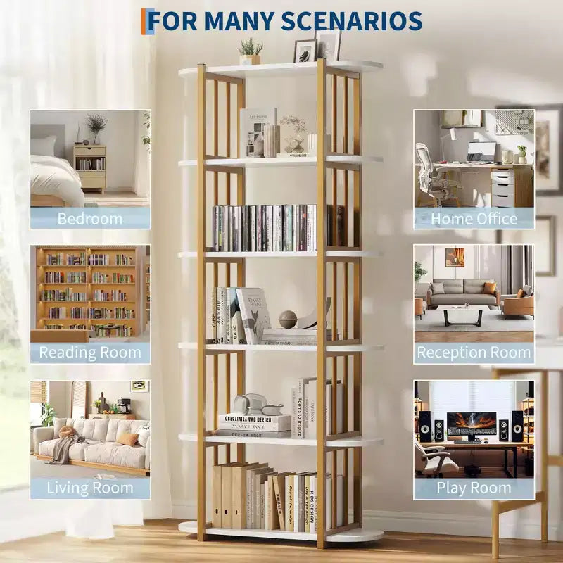 6 Tier Industrial Bookshelf, 71 Inch Tall Narrow Wooden Bookcase with Iron Frames, Compact Open Display Shelving Unit, Apartments