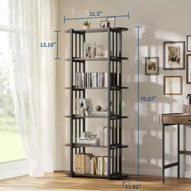6 Tier Industrial Bookshelf, 71 Inch Tall Narrow Wooden Bookcase with Iron Frames, Compact Open Display Shelving Unit, Apartments