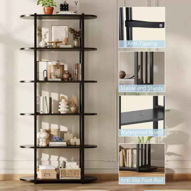 6 Tier Industrial Bookshelf, 71 Inch Tall Narrow Wooden Bookcase with Iron Frames, Compact Open Display Shelving Unit, Apartments