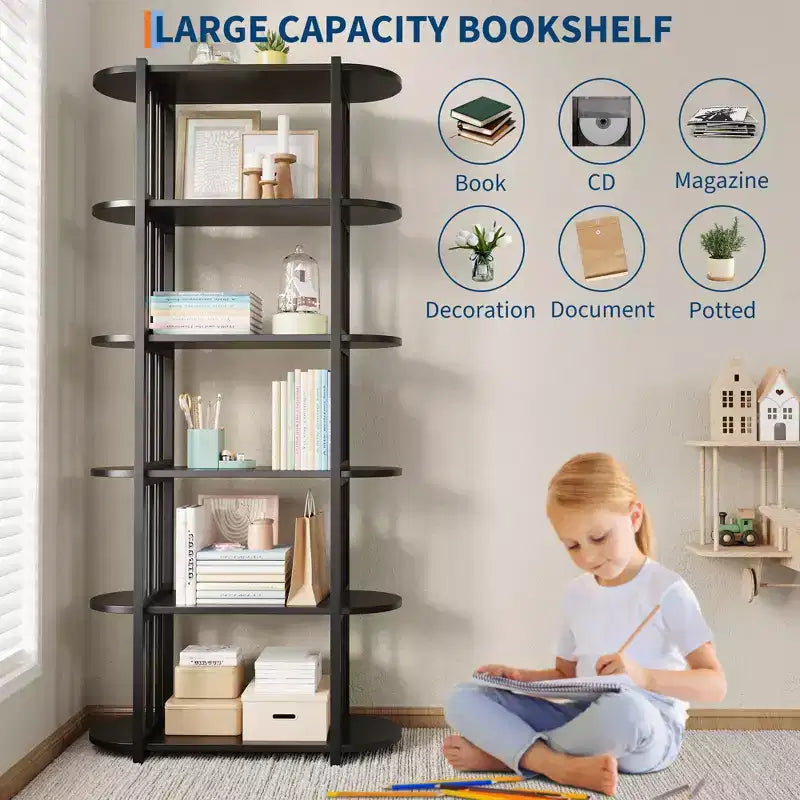 6 Tier Industrial Bookshelf, 71 Inch Tall Narrow Wooden Bookcase with Iron Frames, Compact Open Display Shelving Unit, Apartments