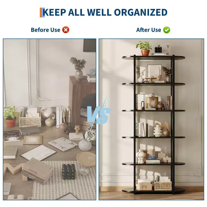 6 Tier Industrial Bookshelf, 71 Inch Tall Narrow Wooden Bookcase with Iron Frames, Compact Open Display Shelving Unit, Apartments