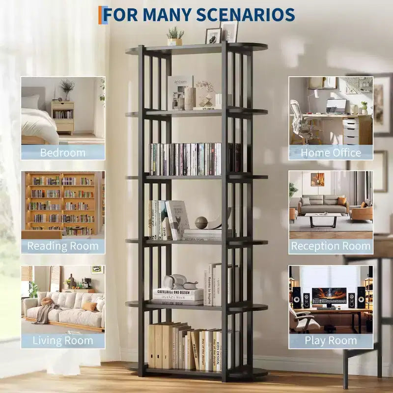 6 Tier Industrial Bookshelf, 71 Inch Tall Narrow Wooden Bookcase with Iron Frames, Compact Open Display Shelving Unit, Apartments