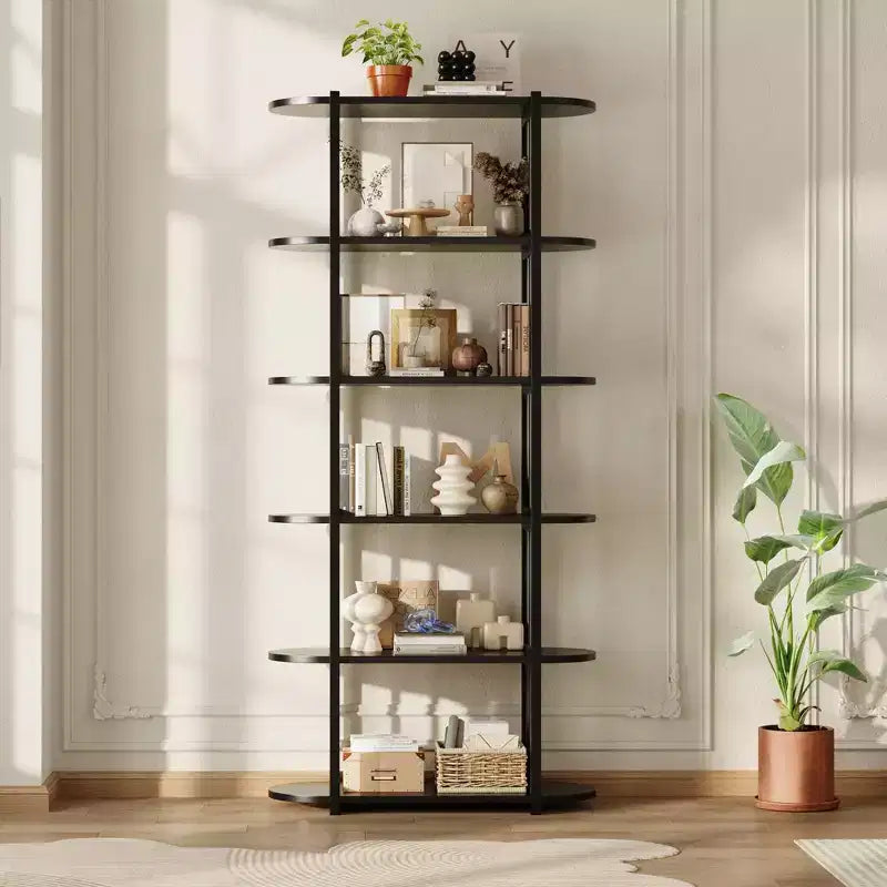 6 Tier Industrial Bookshelf, 71 Inch Tall Narrow Wooden Bookcase with Iron Frames, Compact Open Display Shelving Unit, Apartments