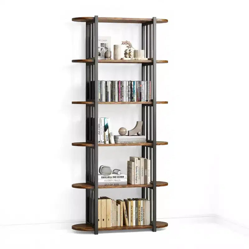 6 Tier Industrial Bookshelf, 71 Inch Tall Narrow Wooden Bookcase with Iron Frames, Compact Open Display Shelving Unit, Apartments