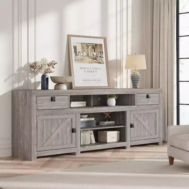 Farmhouse TV Stand for 75/80 Inch TVs, 70 Long Entertainment Center w/4 Storage Drawers & 3 Open Shelf, White Television Consoles Stands for Home