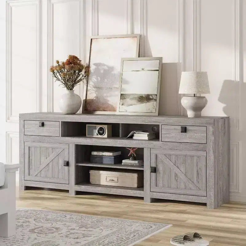 Farmhouse TV Stand for 75/80 Inch TVs, 70 Long Entertainment Center w/4 Storage Drawers & 3 Open Shelf, White Television Consoles Stands for Home