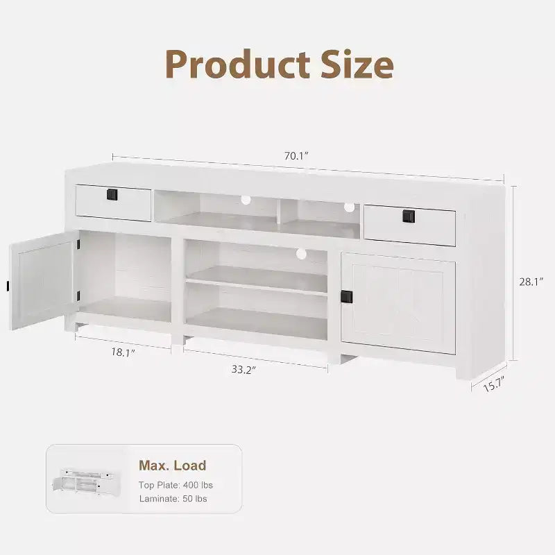 Farmhouse TV Stand for 75/80 Inch TVs, 70 Long Entertainment Center w/4 Storage Drawers & 3 Open Shelf, White Television Consoles Stands for Home