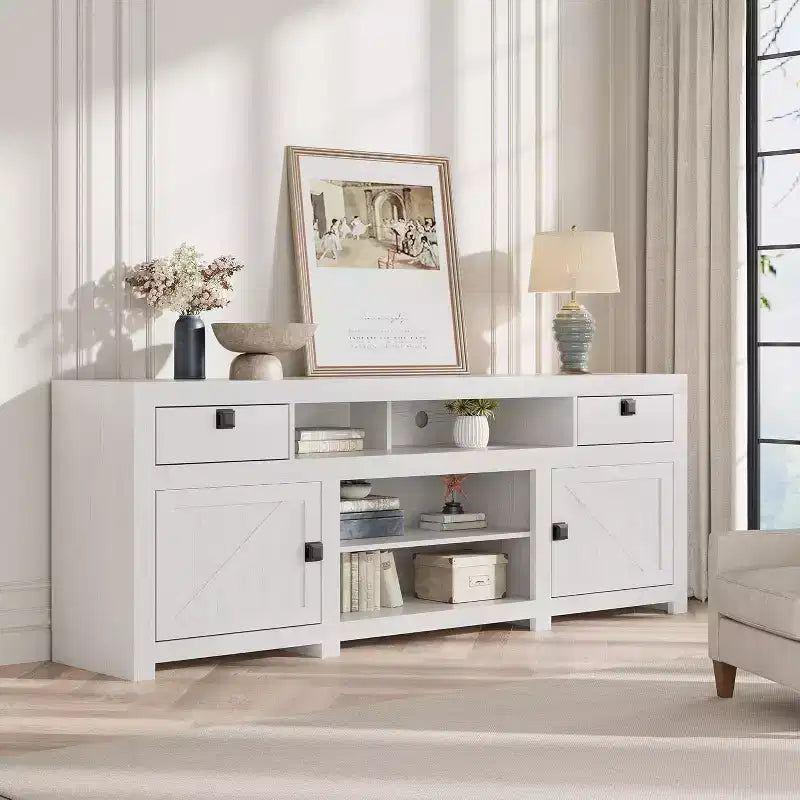 Farmhouse TV Stand for 75/80 Inch TVs, 70 Long Entertainment Center w/4 Storage Drawers & 3 Open Shelf, White Television Consoles Stands for Home