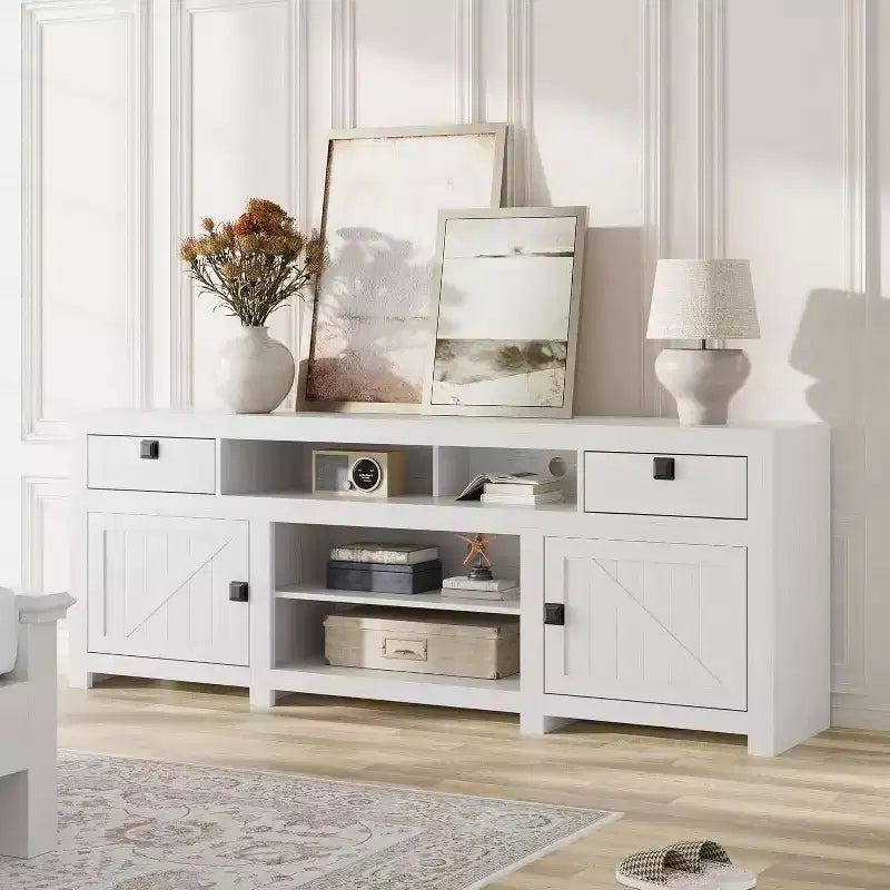 Farmhouse TV Stand for 75/80 Inch TVs, 70 Long Entertainment Center w/4 Storage Drawers & 3 Open Shelf, White Television Consoles Stands for Home
