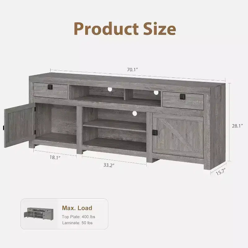 Farmhouse TV Stand for 75/80 Inch TVs, 70 Long Entertainment Center w/4 Storage Drawers & 3 Open Shelf, White Television Consoles Stands for Home
