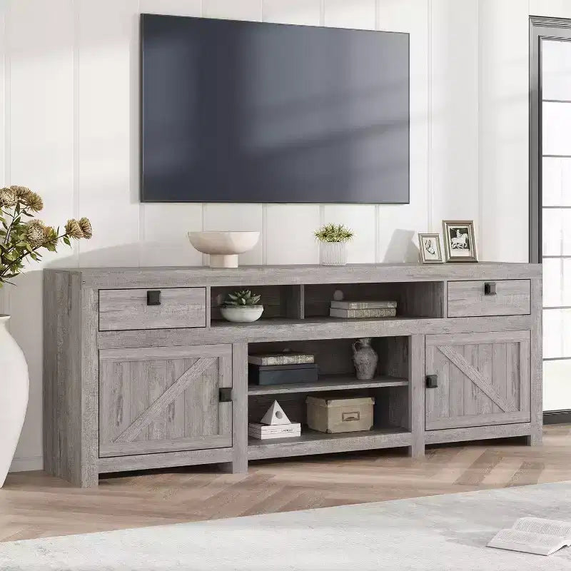 Farmhouse TV Stand for 75/80 Inch TVs, 70 Long Entertainment Center w/4 Storage Drawers & 3 Open Shelf, White Television Consoles Stands for Home