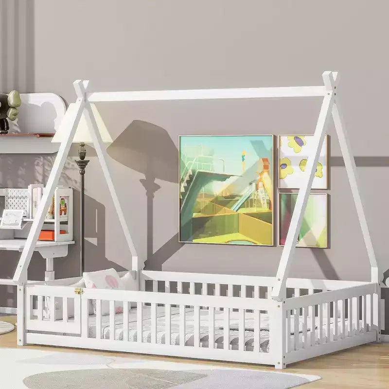 Full Tent-shaped Floor Bed with Guardrails, Door, White