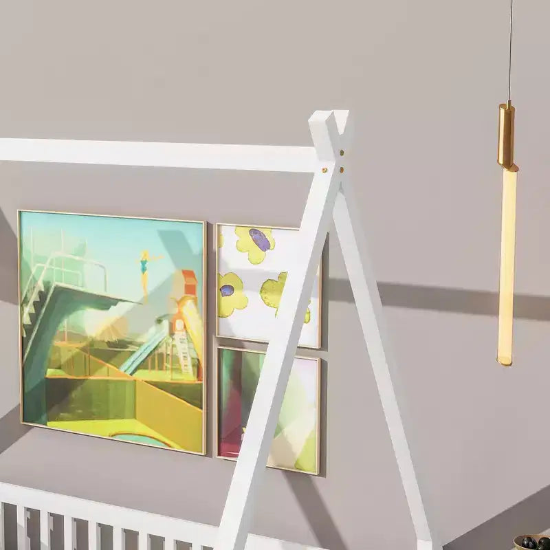 Full Tent-shaped Floor Bed with Guardrails, Door, White