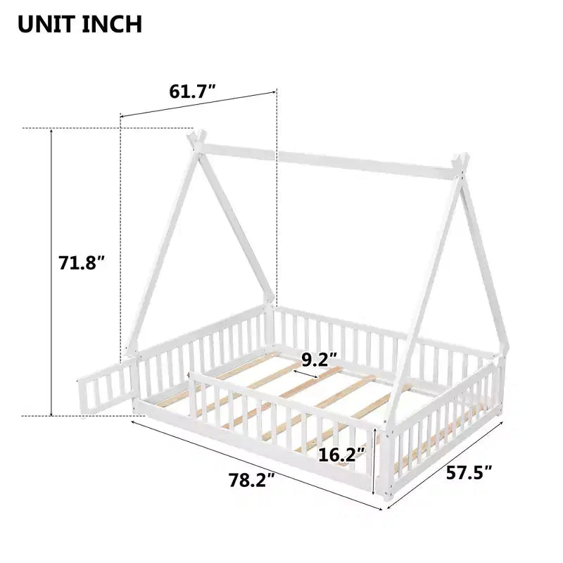 Full Tent-shaped Floor Bed with Guardrails, Door, White
