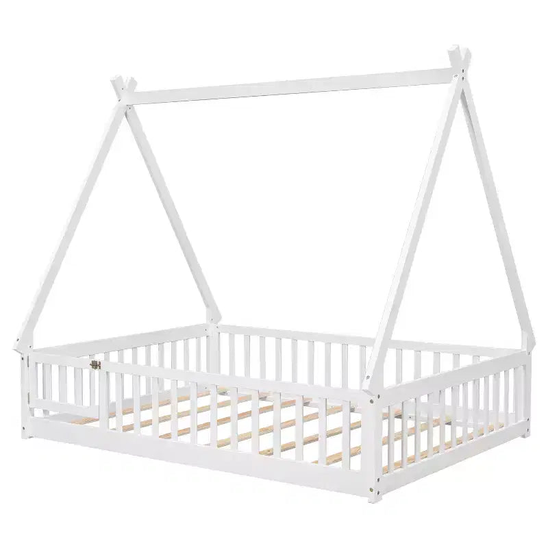 Full Tent-shaped Floor Bed with Guardrails, Door, White