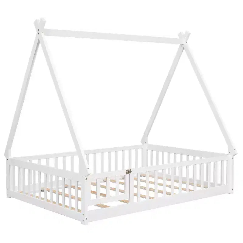 Full Tent-shaped Floor Bed with Guardrails, Door, White