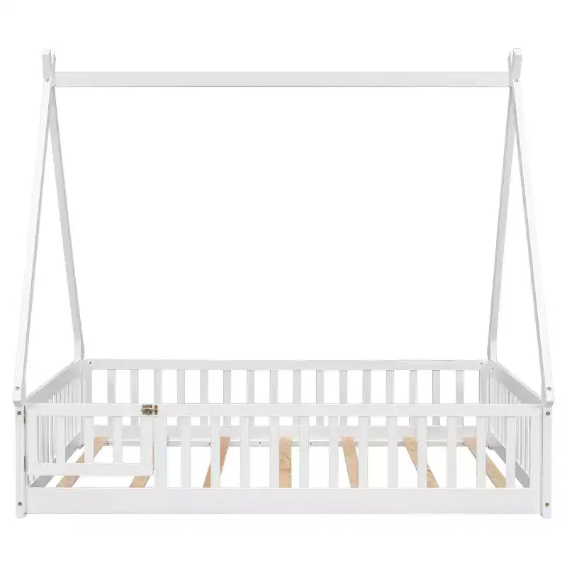 Full Tent-shaped Floor Bed with Guardrails, Door, White
