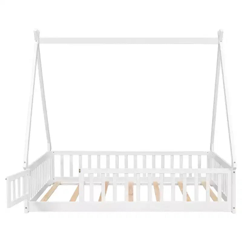 Full Tent-shaped Floor Bed with Guardrails, Door, White