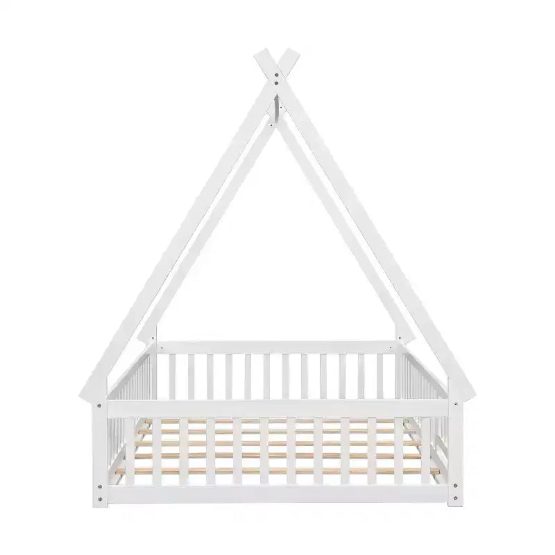 Full Tent-shaped Floor Bed with Guardrails, Door, White