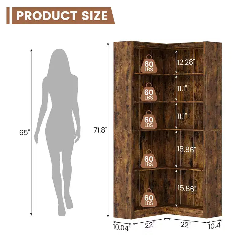 Corner Bookshelf, Farmhouse Corner Bookcase, L-Shaped Bookshelf Large Bookcase, 5 Tier Display Shelf Heavy Duty Bookcases, Bookshelves with Storage