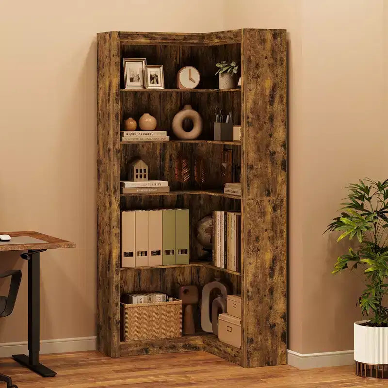Corner Bookshelf, Farmhouse Corner Bookcase, L-Shaped Bookshelf Large Bookcase, 5 Tier Display Shelf Heavy Duty Bookcases, Bookshelves with Storage