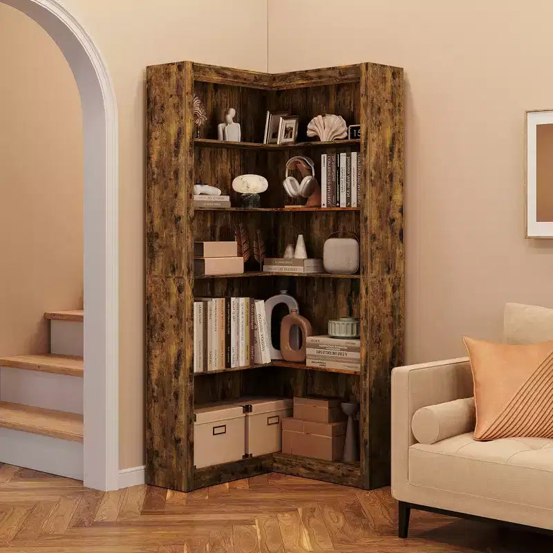 Corner Bookshelf, Farmhouse Corner Bookcase, L-Shaped Bookshelf Large Bookcase, 5 Tier Display Shelf Heavy Duty Bookcases, Bookshelves with Storage