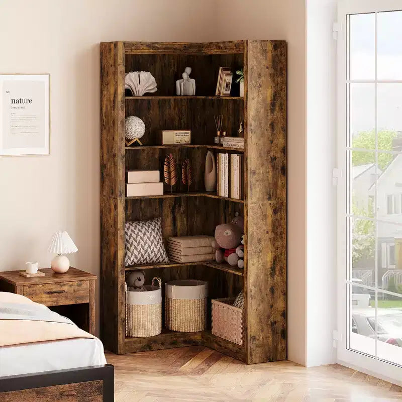 Corner Bookshelf, Farmhouse Corner Bookcase, L-Shaped Bookshelf Large Bookcase, 5 Tier Display Shelf Heavy Duty Bookcases, Bookshelves with Storage