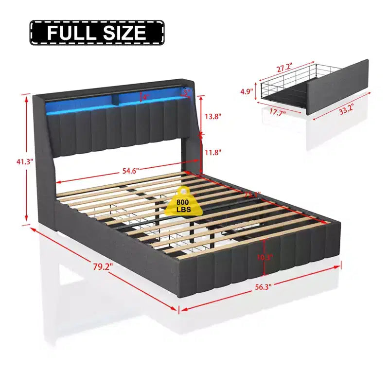 Queen Platform Bed Frame with LED Panel Headboard, Storage Drawers, Easy Assembly