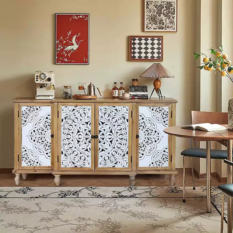 4-Door Hollow-Carved Accent Cabinet, Distressed Wood Storage Cabinet with adjustable shelves,unique design for Kitchen, Dining Room, Natural wood