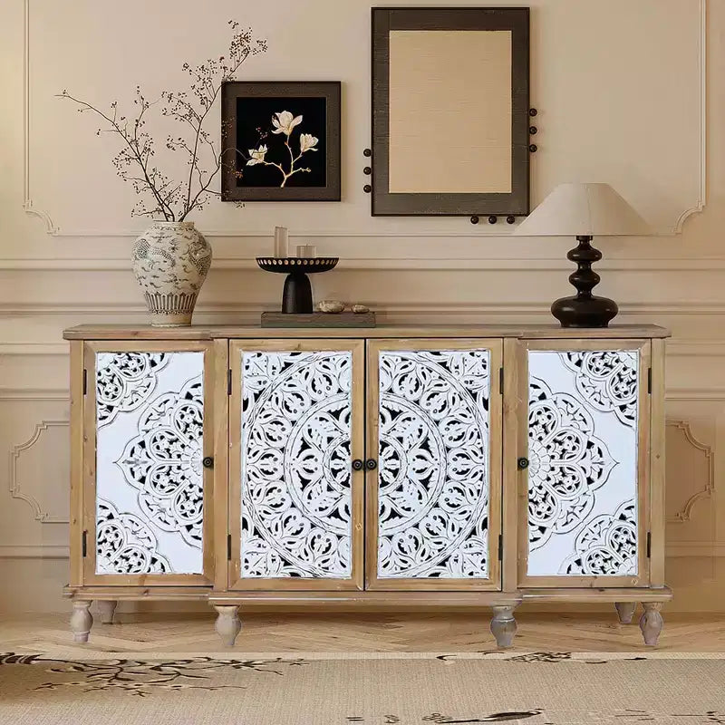 4-Door Hollow-Carved Accent Cabinet, Distressed Wood Storage Cabinet with adjustable shelves,unique design for Kitchen, Dining Room, Natural wood