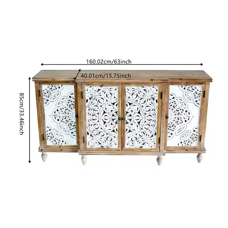 4-Door Hollow-Carved Accent Cabinet, Distressed Wood Storage Cabinet with adjustable shelves,unique design for Kitchen, Dining Room, Natural wood
