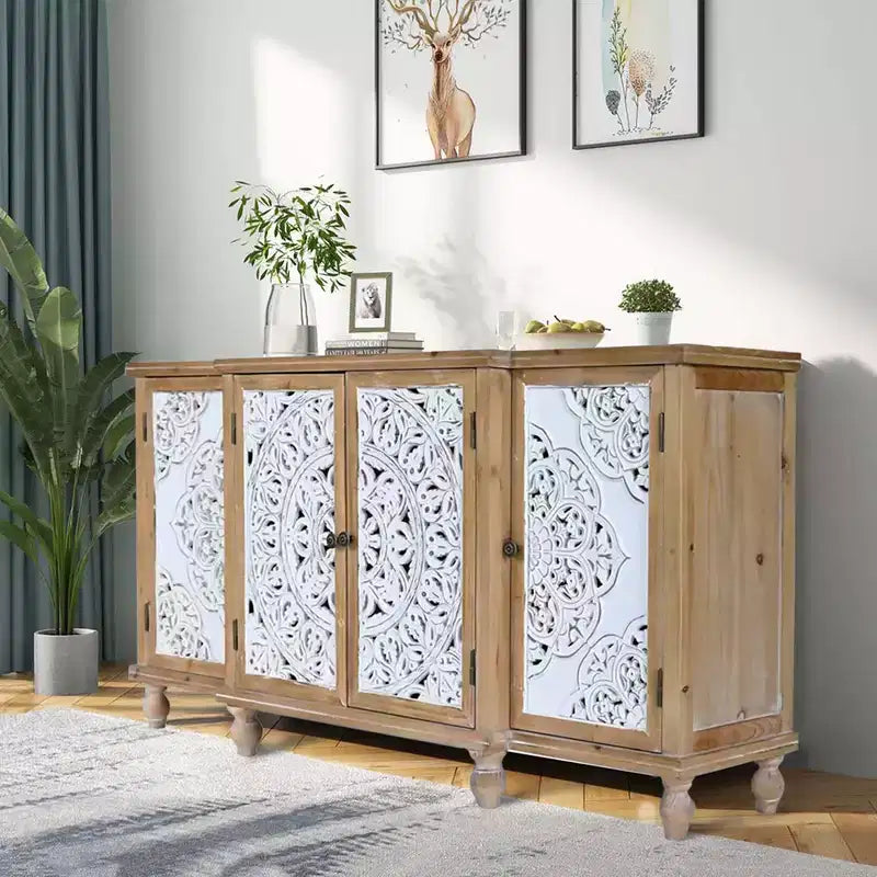 4-Door Hollow-Carved Accent Cabinet, Distressed Wood Storage Cabinet with adjustable shelves,unique design for Kitchen, Dining Room, Natural wood